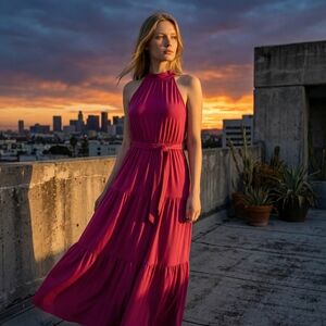 Loveappella Polish Pink Tiered Halter Maxi Dress Size Large NWOT